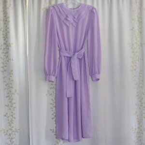 Vtg 70s Sunshine Alley Sheer Lilac Purple Long Sleeve Belt Midi Dress Women's S